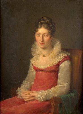 a painting of a woman in a red dress sitting in a chair
