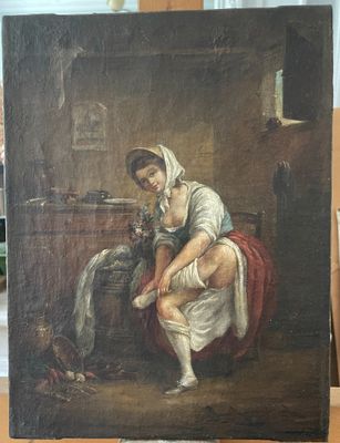 un vieux tableau représentant une femme assise sur une chaise à côté d'un chien