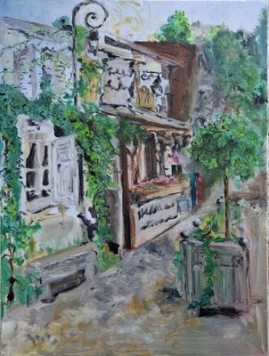 an oil painting of a building with a clock on the side of it