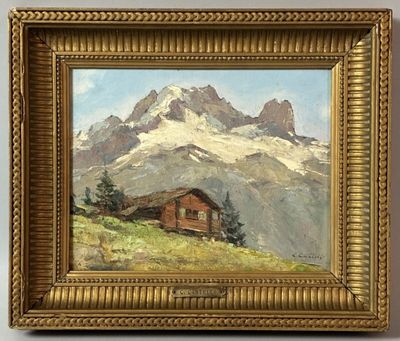an oil painting of a mountain scene with a cabin in the foreground
