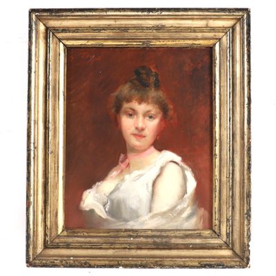 portrait of a young woman in a white dress in a gold frame