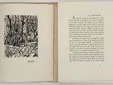 an open book with a black and white image of a forest