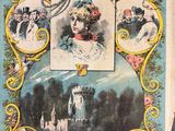 an old book with a picture of a man and a woman in front of a castle