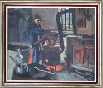 un tableau représentant une femme dans une cuisine, entourée de casseroles et de poêles