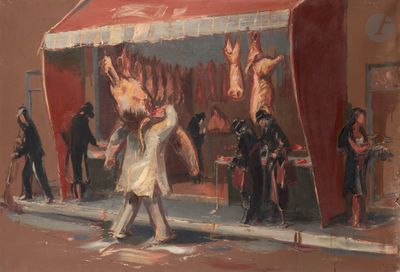 un tableau représentant un homme debout devant une boucherie