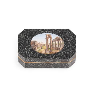 an image of a black marble box with a picture of a roman temple