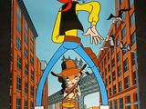 un cow-boy et une cow-girl dans la rue, devant un grand immeuble
