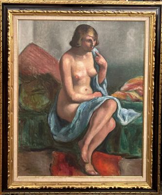 une peinture à l'huile représentant une femme nue assise sur un canapé