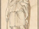 a drawing of a man with a staff and a sword