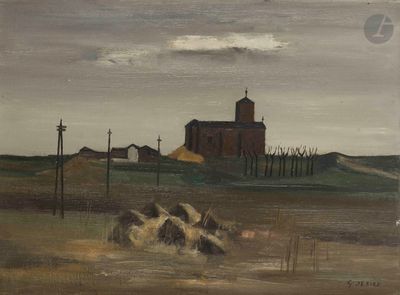 tableau représentant une scène de vie à la ferme avec une grange au loin