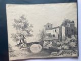 an old drawing of a bridge over a river with a building in the background