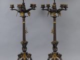 pair of antique bronze candlesticks with birds and flowers