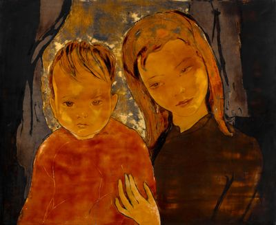 a painting of a woman holding a child in her arms