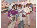 painting of a group of people walking down a street next to a harbor
