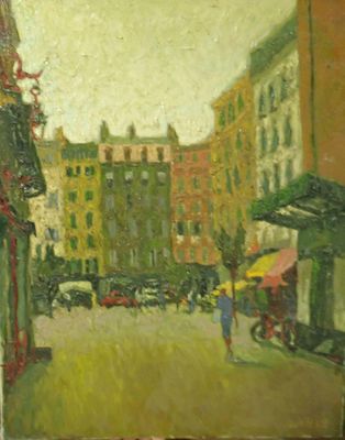 une peinture à l'huile représentant une rue de la ville où des gens se promènent