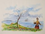 une aquarelle représentant une femme debout au bord de l'eau