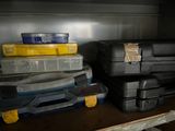 many boxes on the shelf in the garage