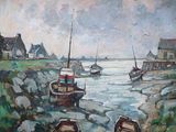 a painting of boats on the shore of the water