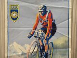 poster of a man riding a bike on a wooden surface