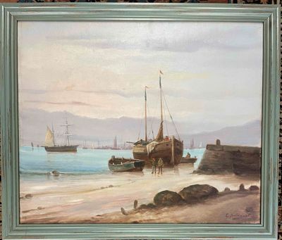 a painting of a boat on the beach by the water