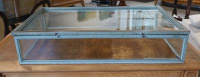 Vitrine plate en bois laqué céladon.