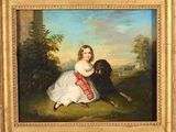 painting of a young girl with a dog in a landscape