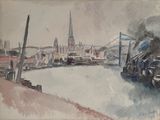 painting of a view of a city with a bridge over a river