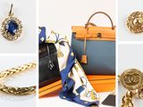 collage de photos d'accessoires dorés et bleus, notamment un sac à main, un bracelet, une bague et un collier