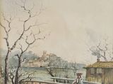 un tableau représentant un homme et une femme marchant sur un chemin de terre