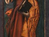 an image of a painting of a woman in a red dress holding a book