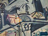 a painting on the wall of a room with a table and chairs