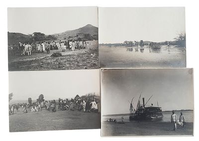plusieurs vieilles photos en noir et blanc représentant des personnes et des bateaux dans un champ