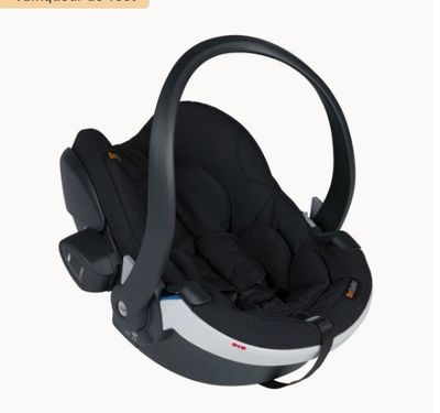 a baby car seat with a handlebar attached to it