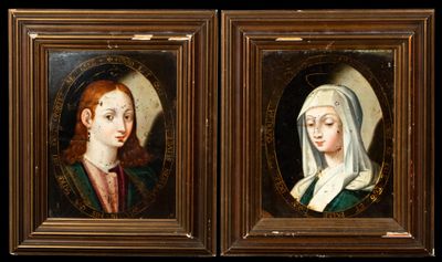two framed portraits of a woman and a man with a veil