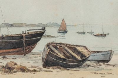 two boats that are sitting on the beach