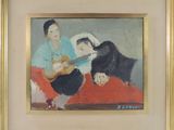 tableau représentant une femme jouant de la guitare avec deux enfants et un chien
