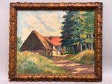 une peinture à l'huile représentant une maison dans un champ, avec un chemin de terre