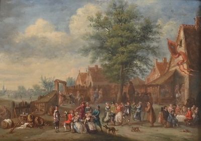 painting of a village scene with a crowd of people and a horse drawn carriage