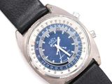 a close up of a wrist watch with a blue dial