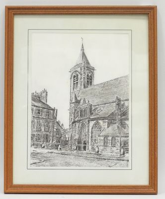 a drawing of a church with a steeple and a clock tower