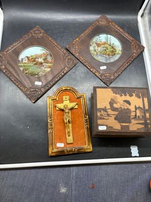 three pictures of jesus on the cross and a box with a picture on it