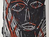 une image représentant un tableau du visage d'une femme, orné de lignes rouges et noires