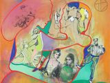 un tableau représentant un groupe de personnes sur un fond coloré