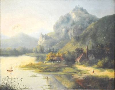 une peinture à l'huile représentant une scène de rivière avec un bateau au premier plan