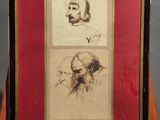 two drawings of a man and a woman in a red frame
