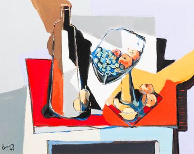 une peinture représentant une bouteille de vin et une corbeille de fruits posés sur une table