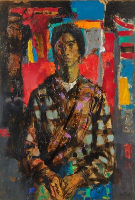 an oil painting of a man in a plaid shirt holding a saxophone