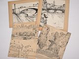four drawings of a bridge over a body of water