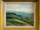 an oil painting of a landscape with hills and houses in the distance