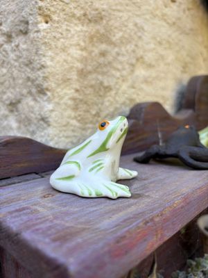 a small frog sitting on a wooden bench next to a stone wall